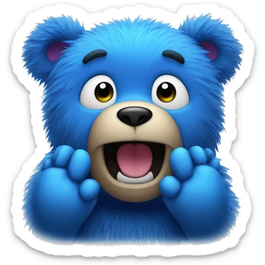 Blue fuzzy bear making a surprised face with hands on their face  sticker
