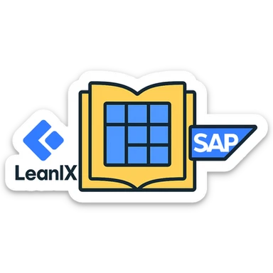 combined icon with LeanIX and SAP logos side by side and catalog (open book or grid) in center, unified minimal tech style sticker
