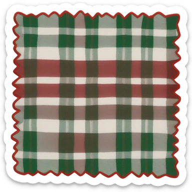 White folded blanket with red and green plaid sticker