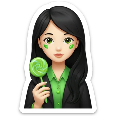 A girl with long black hair holding a piece of green hard candy in one hand and a green candy wrapper showing a guava on it in the other hand sticker