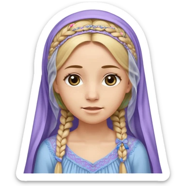 
mujer, Joven, de aspecto dulce y elegante.
Piel clara, ojos grandes y expresivos, sonrisa triste.
Rubio o castaño claro, largo, con trenzas o velo.
Vestido largo cubriendole los zapatos, çde tonos suaves (blanco, azul o lavanda), con bordados dorados; toca fina cubriendo la cabeza. sticker