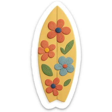surfboard with floral patterns, paper craft style, Hawaiian party sticker