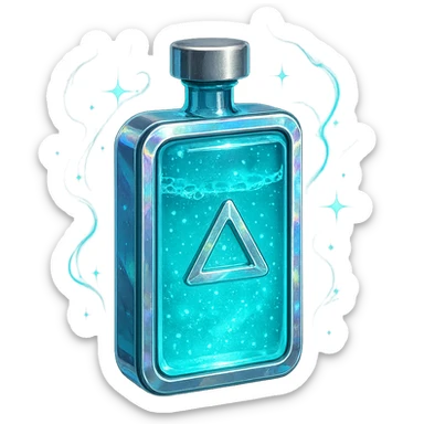prabangus eliksyro buteliukas, tabletės forma, žydra (cyan) spalva, sidabrinės ir holografinės detalės, maksimaliai daug magiškų efektų, labai mažas kaklelis, vientisas dugnas, skaidrus fonas, buteliukas plūduriuoja ore, be pagrindo ar šešėlio, modernus, kolekcijai tinkamas sticker