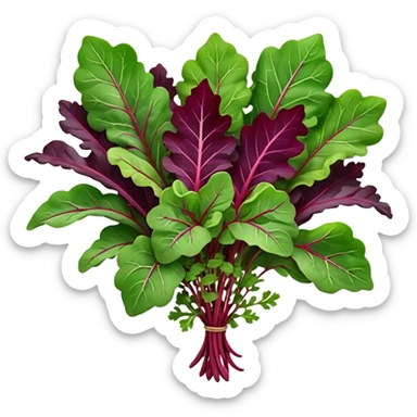 mesclun salad mix small cluster of baby leaves arugula spinach red chard frisée oak leaf lollo rosso varied shapes greens purples reddish veins delicate edges curls natural irregularities fresh soft highlights no water drops 3D clean minimal soft shadows transparent background emoji scale sticker