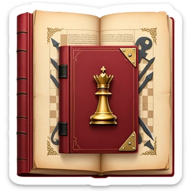 A dark crimson red book with black and gold details, a rugged leather texture, and an emblem of crossed swords, a knight chess piece, radiating strategy, discipline, and the art of power number 33 sticker