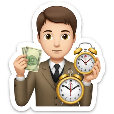 A man with short brown hair holding an alarm clock and money sticker