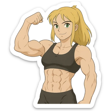 muscular white girl with blonde hair and green eyes, flexing 6 pack abs and one arm bicep sticker