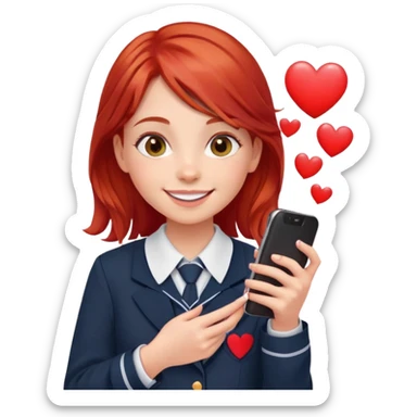 smiling girl in school uniform with red hair phone and like hearts sticker
