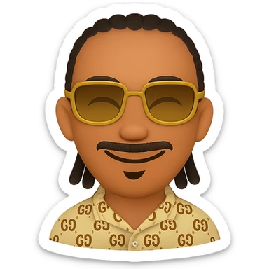 Create an emoji style smiley with a thin head, slightly lighter skin tone, beard only on the chin (no hair under the lower lip), mustache only above the upper lip, no hair under the lower lip, detailed black braided hair, rectangular golden sunglasses, beige top with GG pattern and visible collar, transparent background. Add a smile to the face. sticker