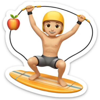 "Apple 3D emoji-style character wakeboarding mid-jump, with arms extended holding an orange rope, legs slightly bent on a yellow board. Stylized water splash behind. Emoji face, rounded body, bright and clean Apple shading." sticker