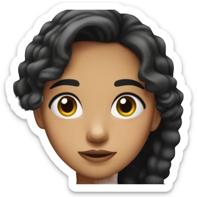 Girl with black hair , mad , her hair is not curly neither straight its ondulated hair , it's short and she has brown eyes and she has a bow that its pink on her hair sticker