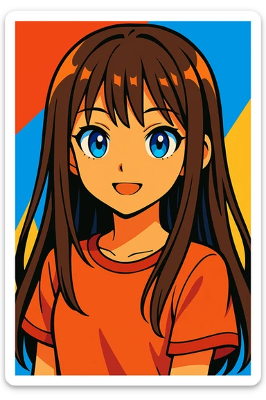 portrait of a girl with long straight brunette hair and blue eyes, vibrant anime style sticker