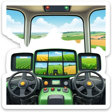 a view from the tractor cabin, with the dashboard in focus, overlooking a vibrant rural landscape. Inspired by Farming Simulator 22, the scene includes fields, crops, and distant barns under a bright sky. The design highlights the immersive experience of farm management. transparent background sticker