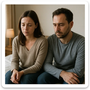 realistic image of a sad couple sitting together in a home or bedroom setting, both looking disappointed and distant, conveying a respectful and sensitive tone, no explicit details sticker