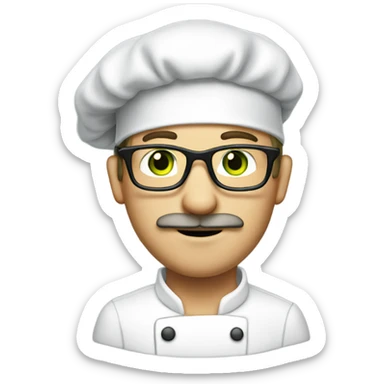 Man with light brown hair, green eyes, mustache, long face, light skin, and glasses wearing a chef hat sticker
