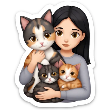 girl with black hair hugging three cats  (tortie cat, gray cat, brown calico cat) sticker