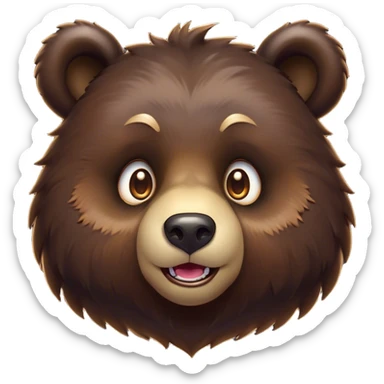 Cinematic Comical Bear Portrait Emoji, Head tilted dramatically with an exaggeratedly amused expression, featuring a striking, glossy dark brown fur with bold fur texture, wide, expressive eyes filled with playful disbelief, Simplified yet hilariously expressive features, highly detailed, glowing with a slightly sassy glow, high shine, dramatic yet playful, stylized with an air of cheeky wilderness mischief, bright and endearing, soft glowing outline, capturing the essence of a spirited and over-the-top bear, so meme-worthy it feels like it could roar its way into internet fame instantly! sticker