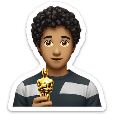 17 years old boy with black curly hair hold in his hand an oscar sticker