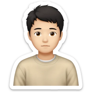 Chinese man 20 years old, gentle warm expression, soft black hair slightly messy, brown eyes, casual cream sweater sticker