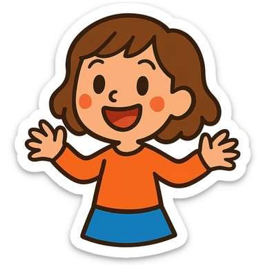 a girl with brown, slightly wavy hair, cartoon style, cheerful sticker