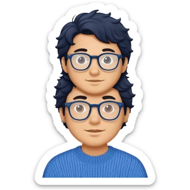 Man with wavy black hair in a comfortable blue sweater and glasses sticker
