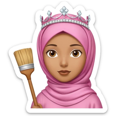 girl caramel skin wearing pink hijab a cream satin set and a tiara on top of her head she is standing holding a broom sticker