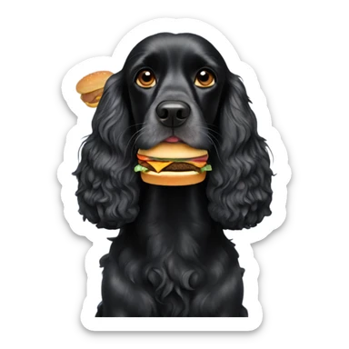 Black cocker spaniel eating a cheeseburger sticker