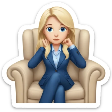 “A young female psychologist with long blonde hair and blue eyes, sitting in a cozy armchair. She is wearing a professional blazer and has a calm, attentive expression. A warm floor lamp stands beside her, casting a soft light, creating a comfortable and inviting atmosphere. sticker