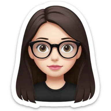 The girl with dark straight long hair, with divided in the middle hairstyle, white skin, black eyes, wearing black shirt and tortoise framed glasses. The mounth is light old pink, with light smile with no teeth. sticker