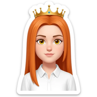 White girl with orange long straight hair and yellow eyes with a crown on her head and a white shirt on brown eyebrows and her hair to the side not on her forehead sticker