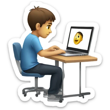 boy coding on laptop right side face and add skill word in laptop sticker