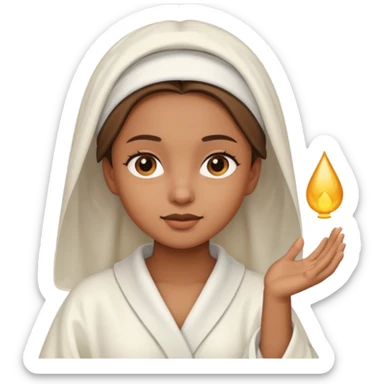 girl having facial wearing white robe, light brown colour sticker