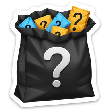 black goodiebag with questions mark boxes stuffed in it sticker
