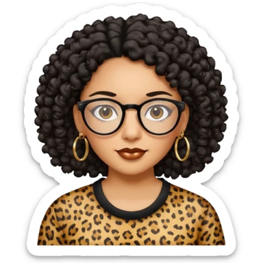 A women who wears glasses with a black curly hair, in a leopard print shirt, hoop earrings   sticker