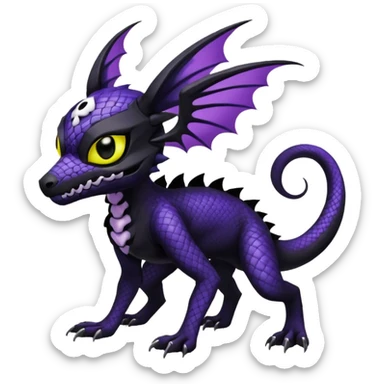 Gothic spooky Scaley Exotic Salandit-Umbreon-Noibat-Fakémon-hybrid-creature (full body), 4 legs, white skull face mask sticker