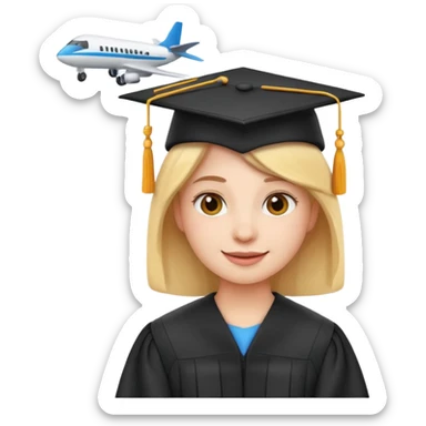 emoji student at university with graduation cap and airplane, happy, white background, sticker