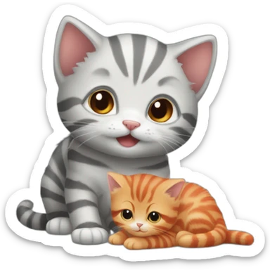 'small striped grey kitten' playing with 'bigger red kitten' sticker