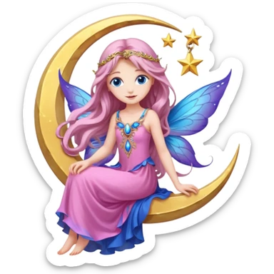 Beautiful realistic, flower, fairy, pink, blue, purple, long hair, big wings with blue eyes sitting on a half moon sticker