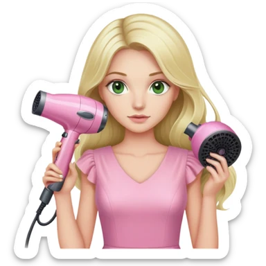 blonde with long hair and swamp green eyes, wearing a pink pastel dress, holding a pink Dyson hair dryer sticker