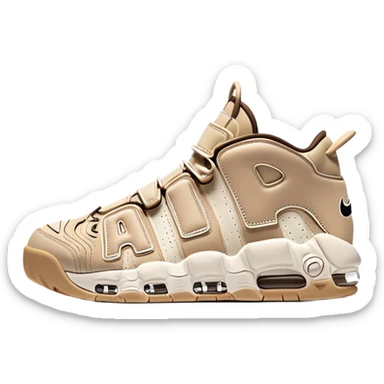 Minimalist pair of beige Nike Air More Uptempo sneakers side by side, clean simple design with AIR lettering on sides sticker