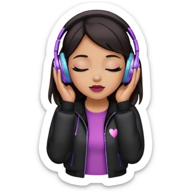 Girl with dark hair, tan skin tone,wearing a black jacket, has glitter on her eyelids, and wearing mauve lipstick, wearing headphones, her hands are on her ears, and her eyes are close sticker