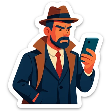 detective, modern look, dark suit, smartphone, sleek style sticker