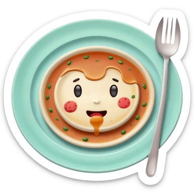 of a dirty plate after eating, leftover food scraps, sauce stains on the plate, small fork and spoon resting on the plate, slightly messy but funny, soft pastel colors, rounded shape, clean background, kawaii style, expressive and playful, high quality, emoji style sticker
