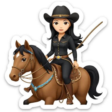 confident Asian woman with long black hair wearing black outfit riding a horse cowgirl style with a lasso sticker