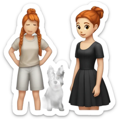 Girl redhead with bun, cockatiel in the shoulder, black dog, cockerspainel sticker