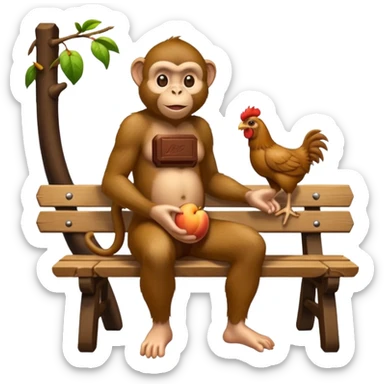 monkey(full body) sitting on a bench and eating peach and chocolate and chicken watches him sticker