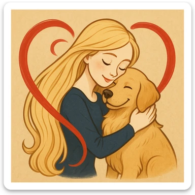 A pretty woman with pale skin and very long blonde hair hugging a dog, with a heart swirling around her. sticker