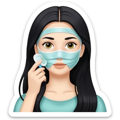White girl with long black hair applying face mask, self care skincare routine sticker