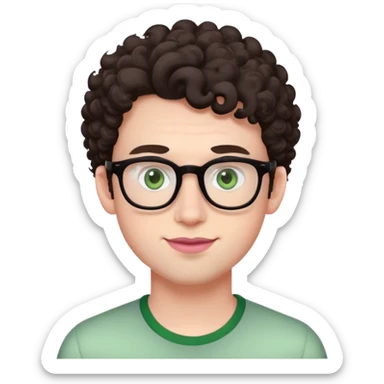 Young man with dark brown curlier poofy hair (same style but more curls), green eyes wearing glasses, wide face with eyes set apart, bigger ears, very pale skin, slightly bigger nose, fuller darker pink lips with a smile, and very light stubble sticker