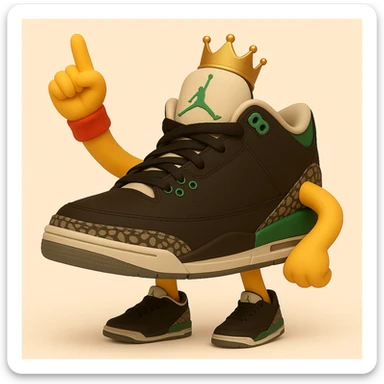 Create a sneaker character in 3D emoji style, standing with one arm raised and finger pointing up, inspired by the pose in the reference images. Keep arms and legs, no face, and maintain the same sneaker style as the previous images. The style should resemble 3D emoji style but use the general editor for best editing support. sticker